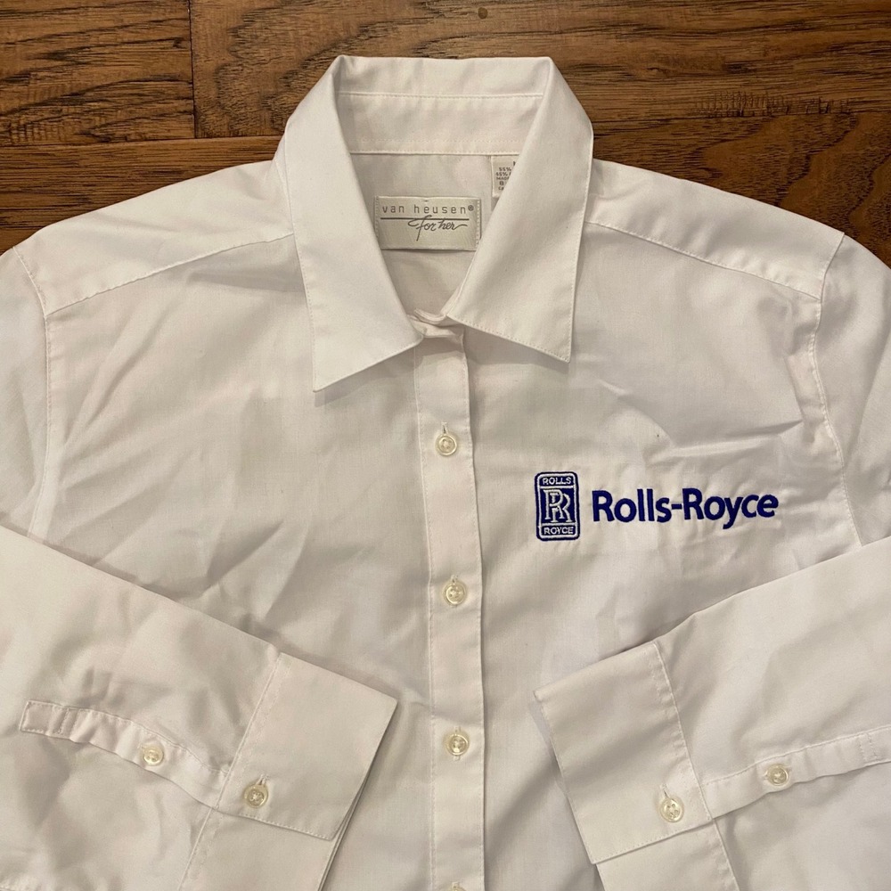 Van Heusen Button Down Shirt Women Medium White Rolls-Royce Logo 3/4 Sleeve